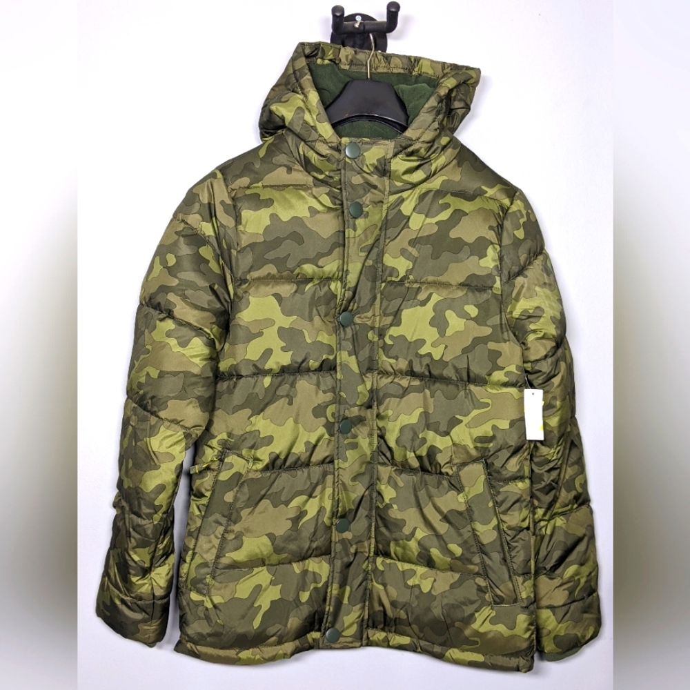 NEW Amazon Essentials Mens Heavyweight Long-Sleeve Hooded Puffer Coat Camo Sz XS
